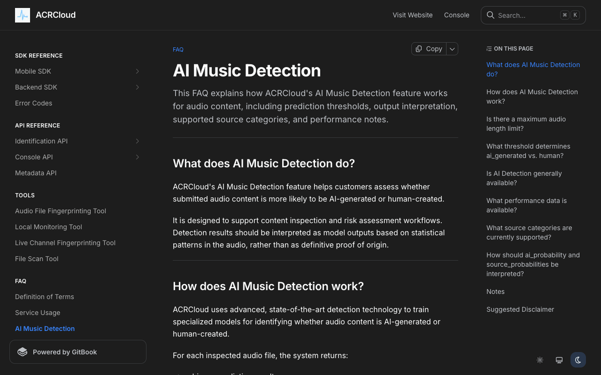 The ACRCloud developer documentation FAQ page headed AI Music Detection, explaining that detection results should be interpreted as model outputs based on statistical patterns in the audio rather than as definitive proof of origin, with a contents list including what threshold determines ai_generated versus human and what performance data is available.