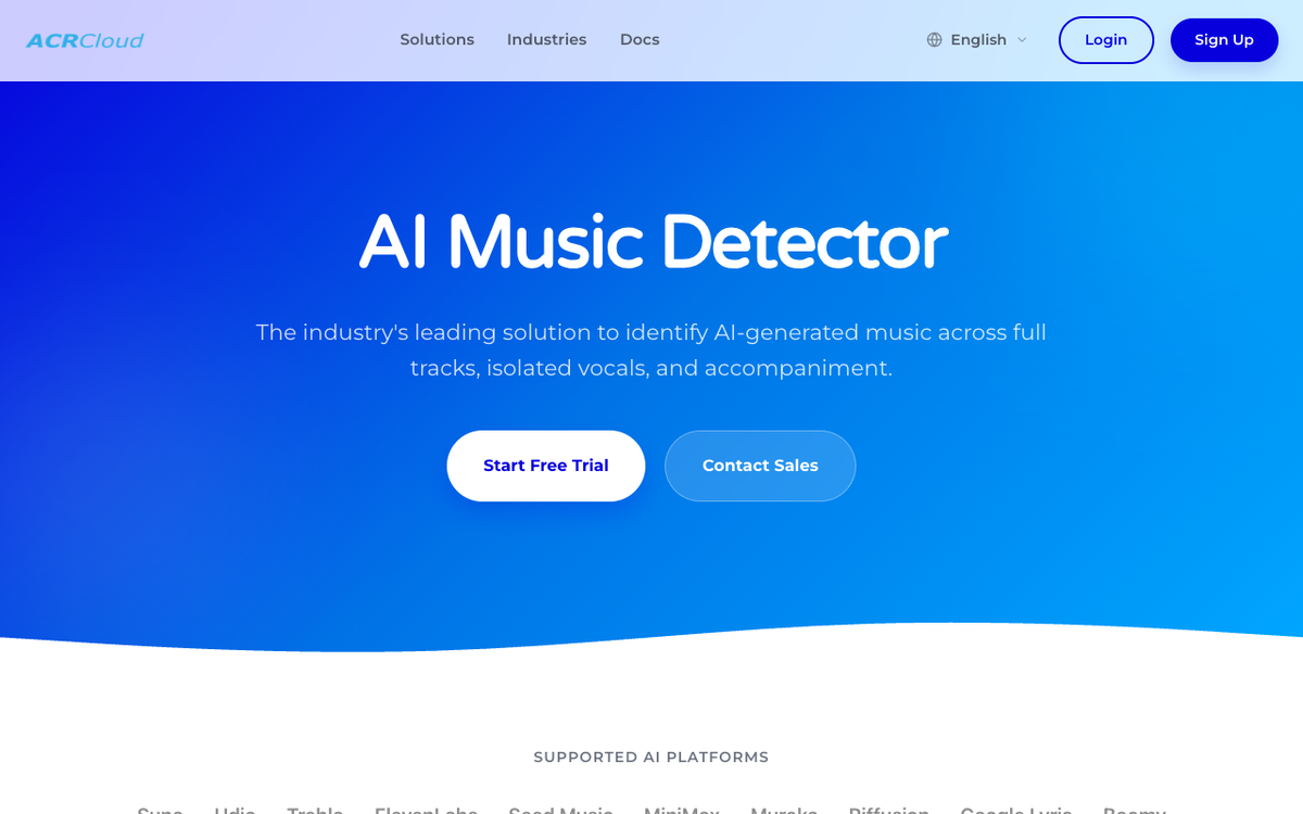 The ACRCloud AI Music Detector product page, headed the industry's leading solution to identify AI-generated music across full tracks, isolated vocals and accompaniment, with Start Free Trial and Contact Sales buttons and a supported AI platforms strip.