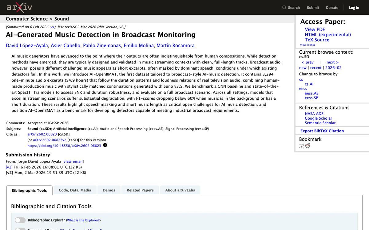 The arXiv abstract page for AI-Generated Music Detection in Broadcast Monitoring by Lopez-Ayala, Cabello, Zinemanas, Molina and Rocamora, describing AI-OpenBMAT as 3,294 one-minute excerpts totalling 54.9 hours, and reporting F1 scores dropping below 60 percent when music is in the background or has a short duration.
