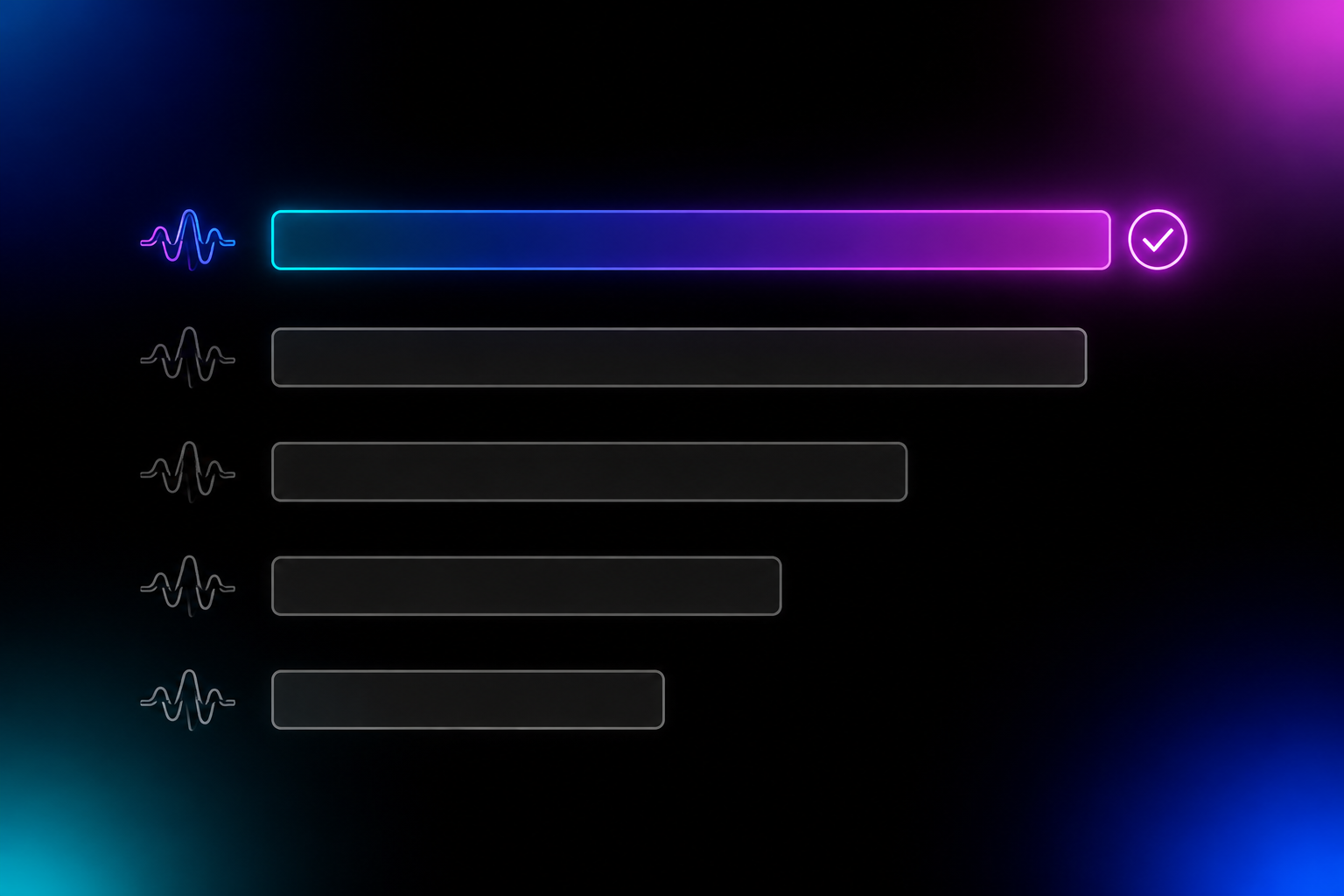Diagram: five descending pass-rate bars for AI music artifact removal tools, the first bar full-length and glowing, the remaining four progressively shorter.