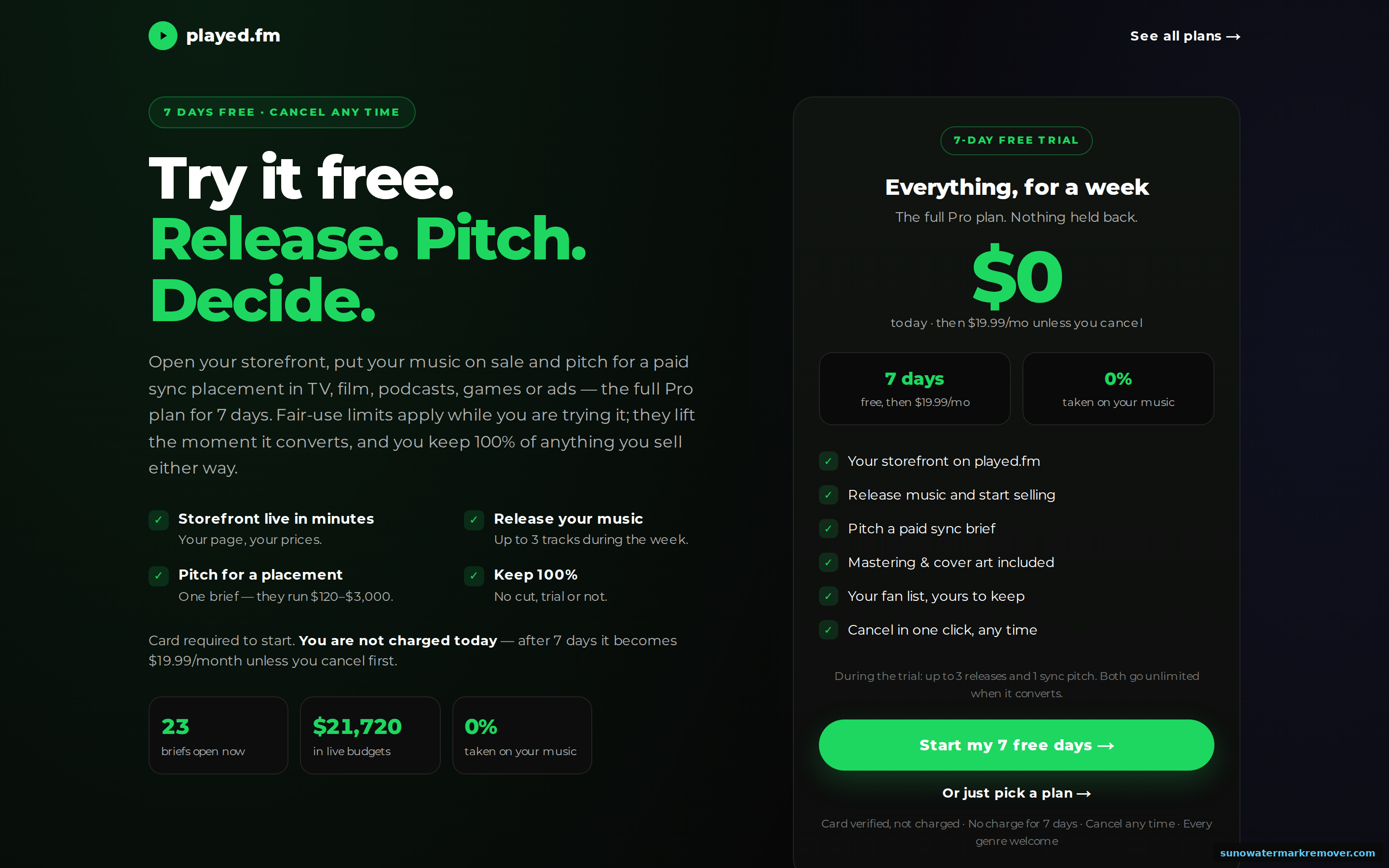 Played.fm free trial page showing the 7-day trial terms, card verification, one-click cancellation and the 19.99 dollar per month Pro price after the trial.