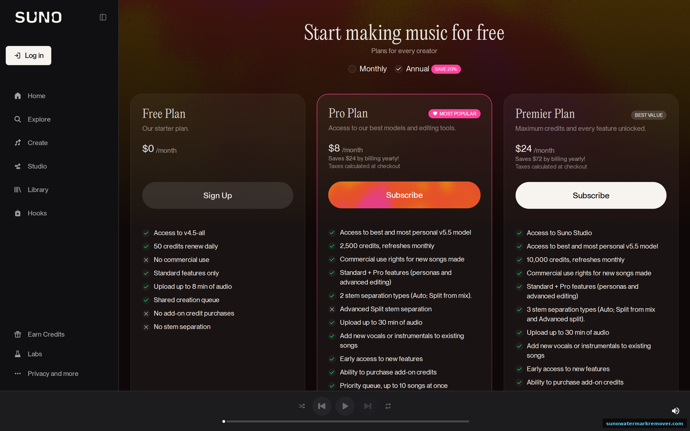 Suno pricing page showing the Free, Pro and Premier plan tiers with their monthly cost and credit allowances, the source for the commercial rights comparison in this article.