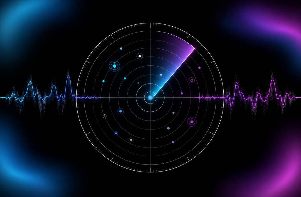 Diagram: AI music detector scanning radar with concentric rings.