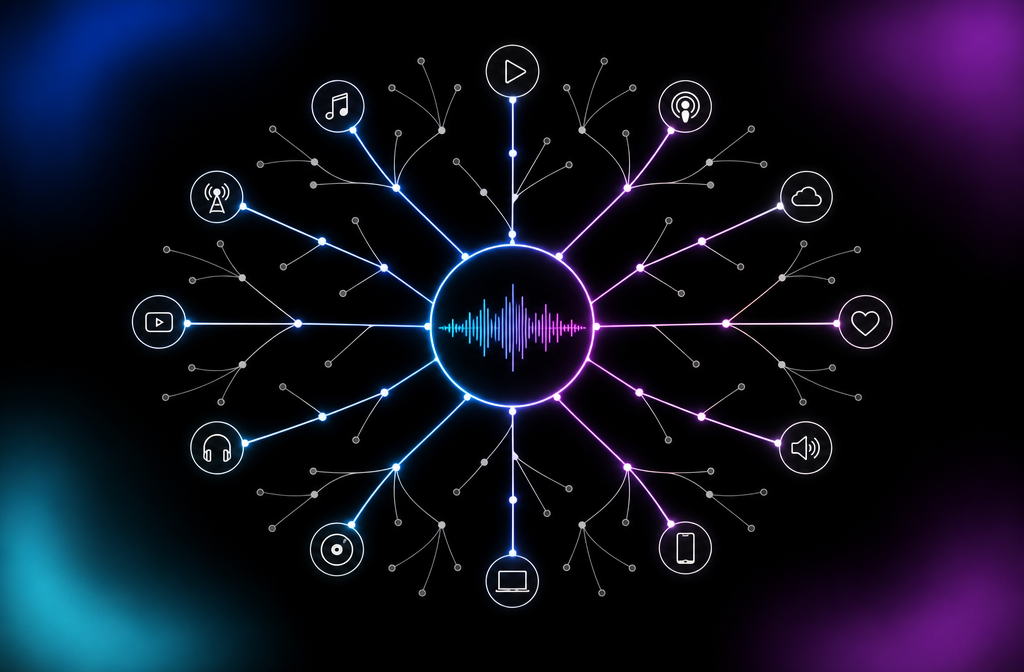 Diagram: AI music distribution network with one source feeding many DSP platforms.