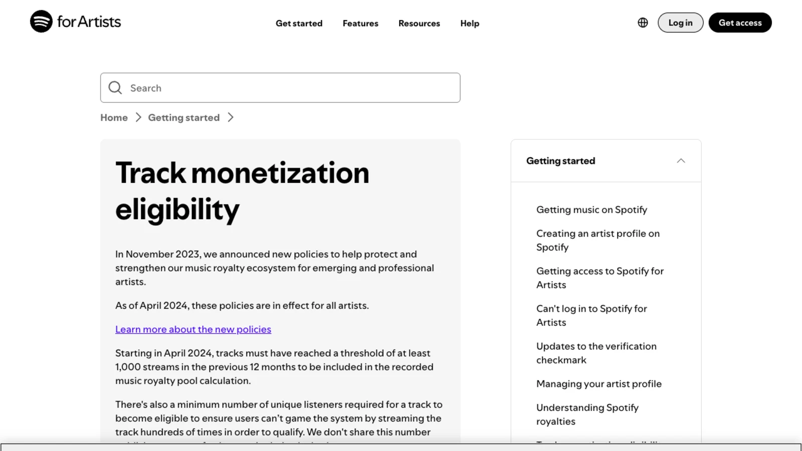 Screenshot of Spotify for Artists' Track monetization eligibility page, which states that starting in April 2024 tracks must have reached a threshold of at least 1,000 streams in the previous 12 months to be included in the recorded music royalty pool, and that a minimum number of unique listeners is also required but not shared.