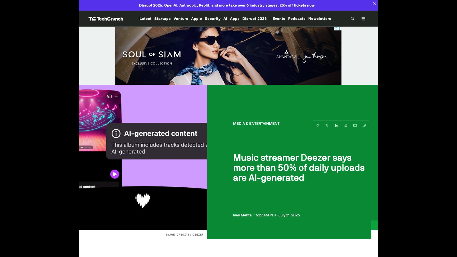 Screenshot of the TechCrunch article headlined Music streamer Deezer says more than 50% of daily uploads are AI-generated, by Ivan Mehta, dated 21 July 2026.