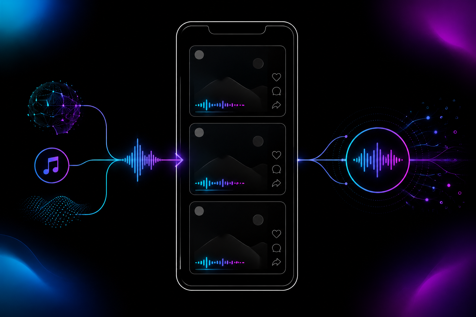 Vertical mobile screen layout showing TikTok feed with three stacked video tiles each marked with a waveform icon.