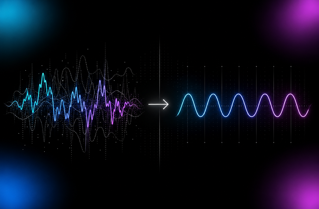 Diagram: split-screen before-and-after audio cleanup showing chaotic to clean waveform transition.