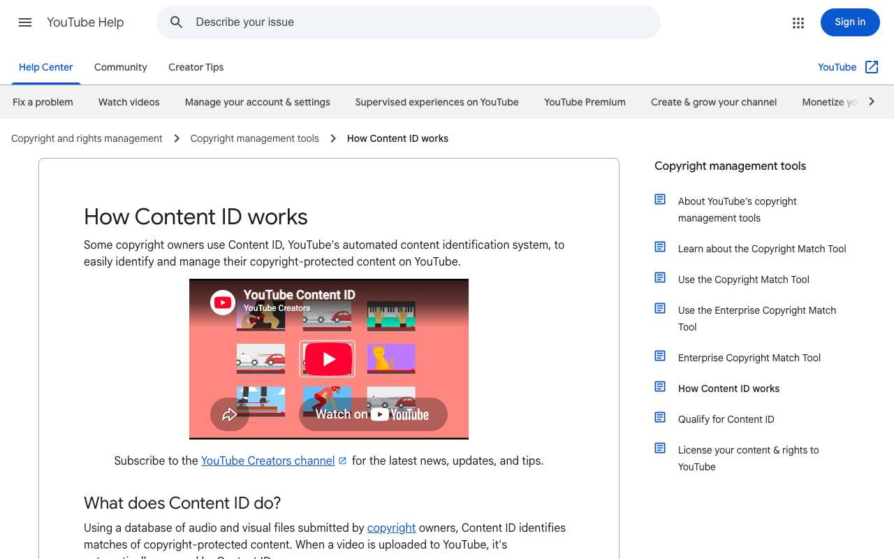 Screenshot of YouTube's How Content ID works help page, showing that Content ID identifies matches using a database of audio and visual files submitted by copyright owners and scans uploads automatically, with no mention anywhere of detecting AI generation