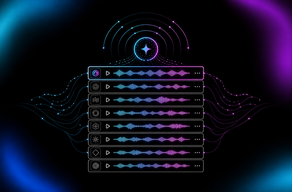 Playlist diagram with stacked waveform tiles and AI radio-wave arcs representing Apple Music AI features.