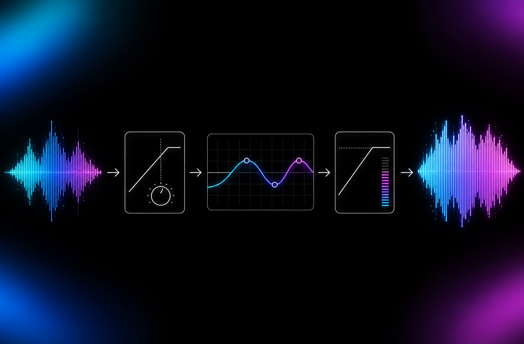Audio mastering chain diagram showing compressor, EQ, and limiter stages applied to a polished output waveform.