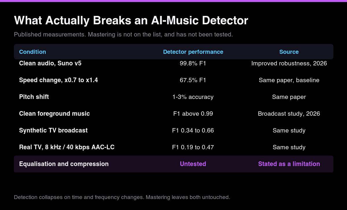 Table of published AI-music detector performance: 99.8% F1 on clean Suno v5 audio, 67.5% under a speed change, 1 to 3% accuracy under pitch shift, F1 0.19 to 0.47 on real TV broadcast audio, and equalisation and compression listed as untested