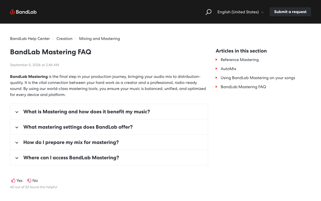 BandLab's own Mastering FAQ help centre article, dated 5 September 2026, listing questions about mastering settings and where to access BandLab Mastering