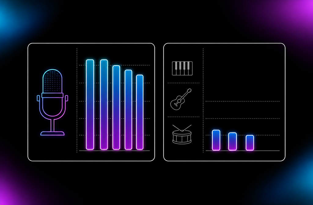 Scorecard infographic showing ElevenLabs Music strong on vocal categories and weaker on non-vocal categories.