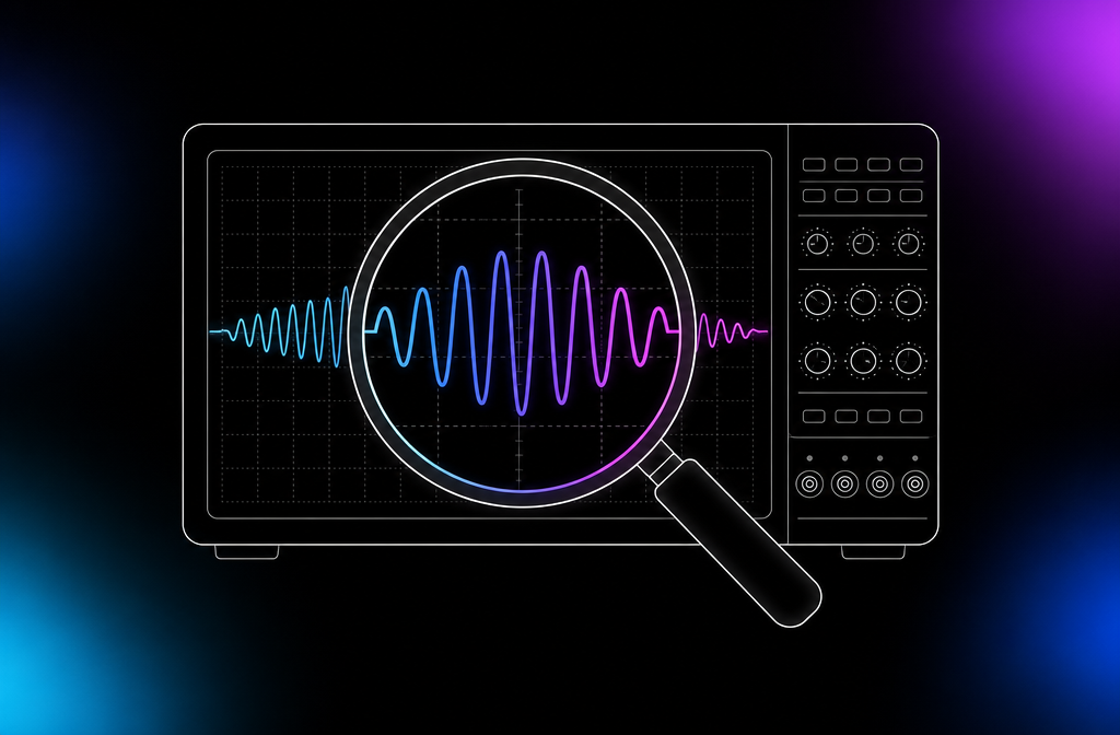 Diagram: IRCAM Amplify oscilloscope-style detection display with magnification.