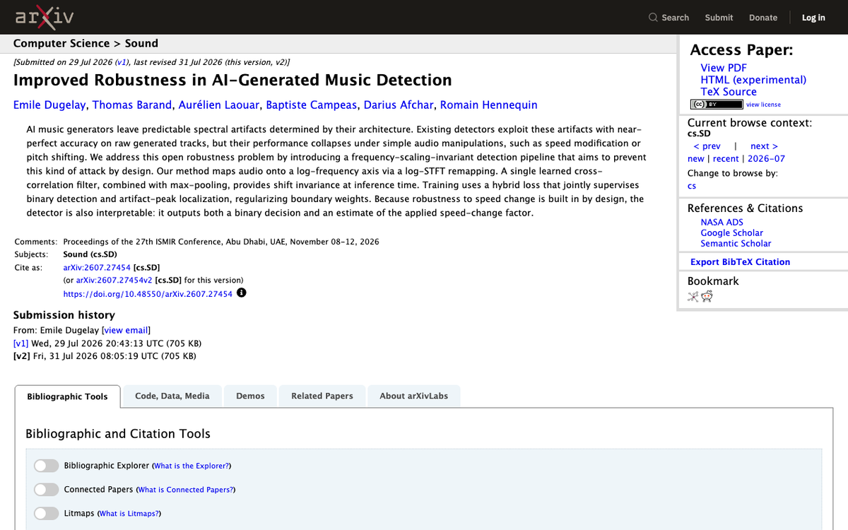 Screenshot of the arXiv abstract page for Improved Robustness in AI-Generated Music Detection, arXiv 2607.27454, by Dugelay, Barand, Laouar, Campeas, Afchar and Hennequin, describing detector performance collapsing under speed modification and pitch shifting