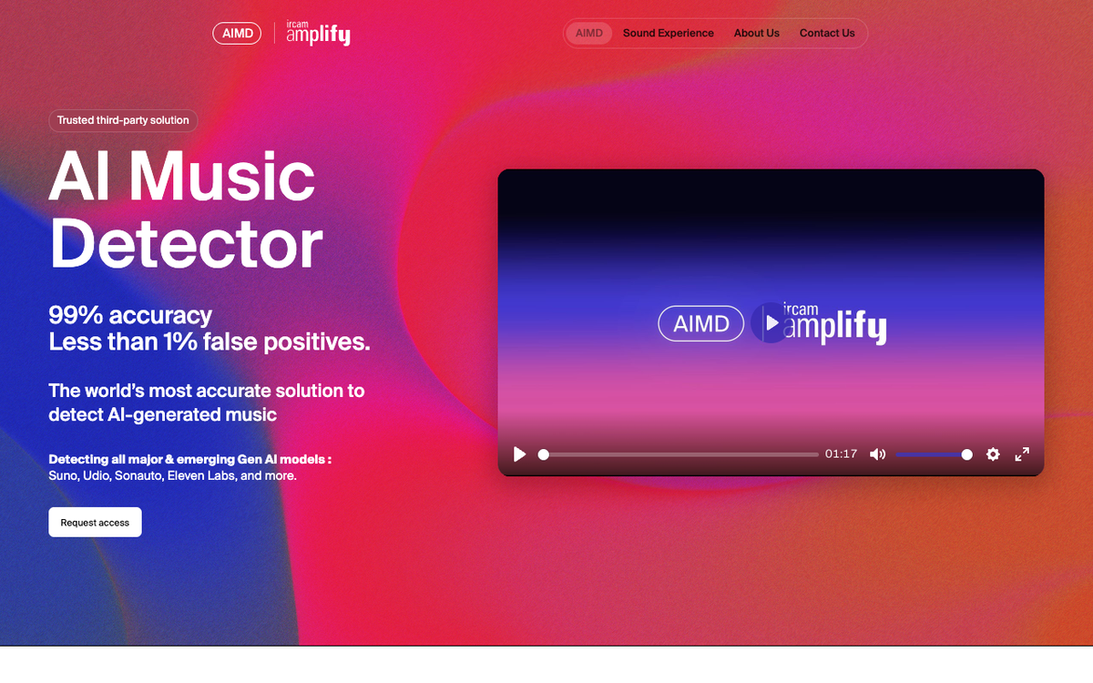 Screenshot of the Ircam Amplify AI Music Detector page headed 99% accuracy, Less than 1% false positives, describing it as the most accurate solution to detect AI-generated music and naming Suno, Udio, Sonauto and Eleven Labs