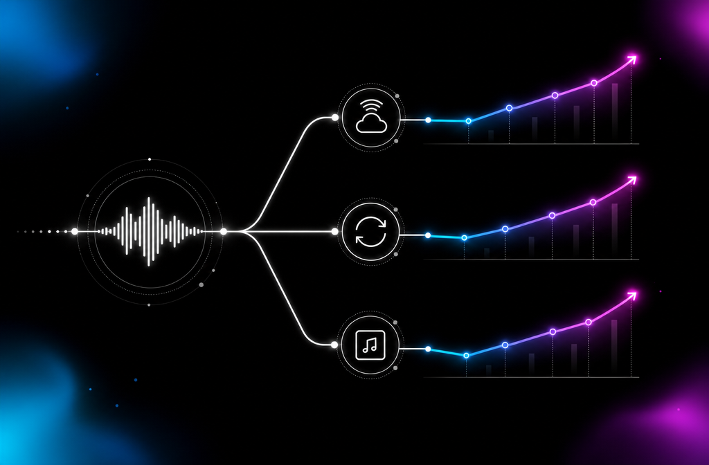 Three-pathway revenue diagram showing streaming, sync, and content creator income paths from Suno music.