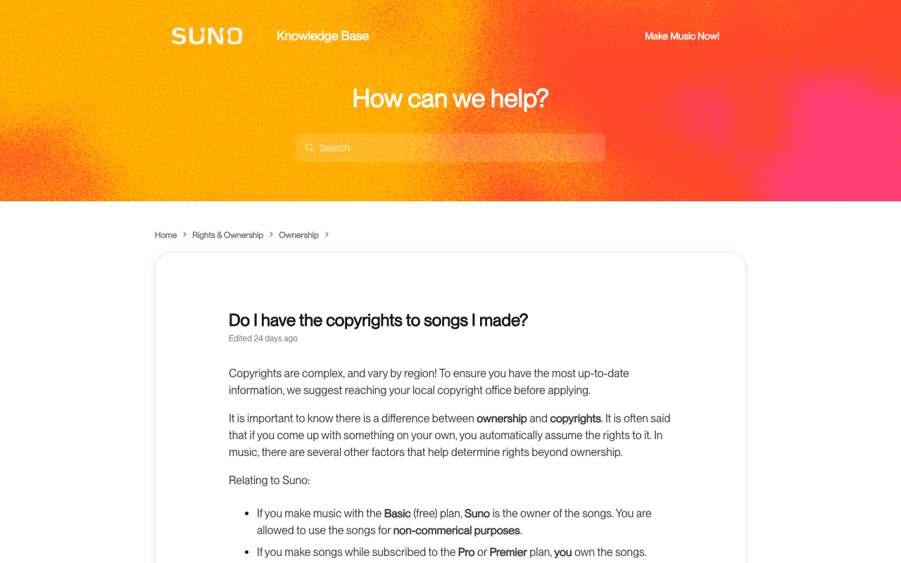 Screenshot of Suno's Knowledge Base article headed Do I have the copyrights to songs I made, stating that on the Basic free plan Suno owns the songs and they may be used for non-commercial purposes, and that on Pro or Premier you own them