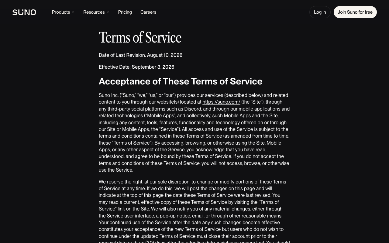 Screenshot of Suno's Terms of Service page showing Date of Last Revision August 10, 2026 and Effective Date September 3, 2026 above the Acceptance of These Terms of Service section
