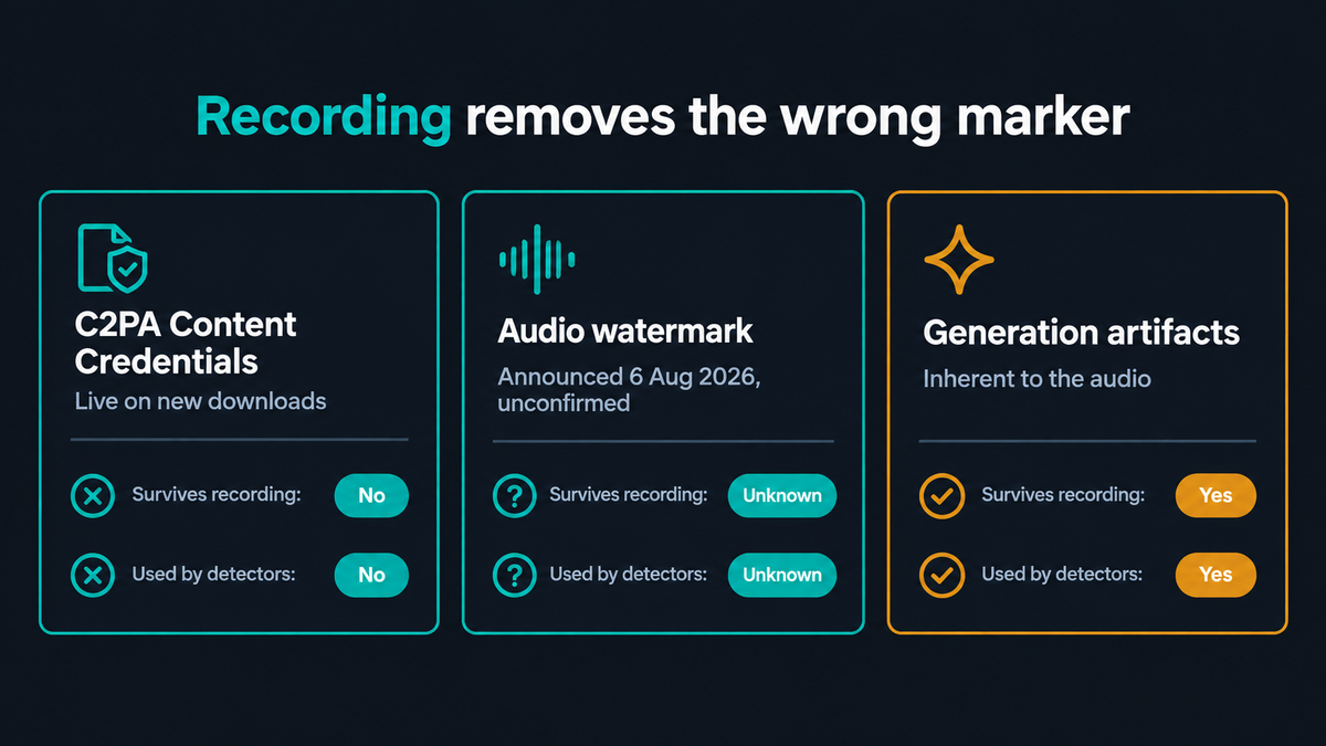 Three panels comparing markers: C2PA Content Credentials live on new downloads, which does not survive recording and is not used by detectors; the audio watermark announced 6 August 2026 and unconfirmed, where both answers are unknown; and generation artifacts inherent to the audio, which survive recording and are what detectors use