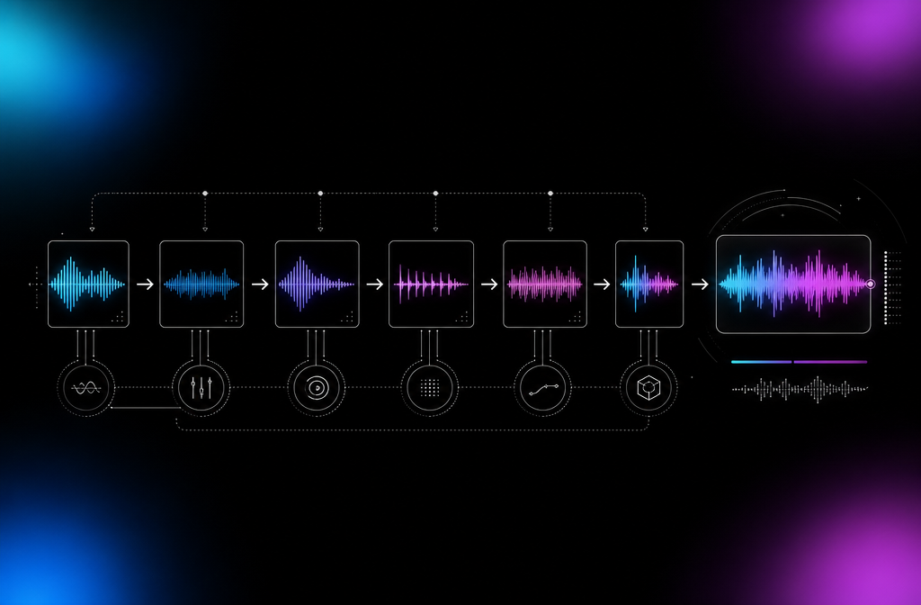 Production pipeline diagram showing short audio loops being arranged into a final composition.