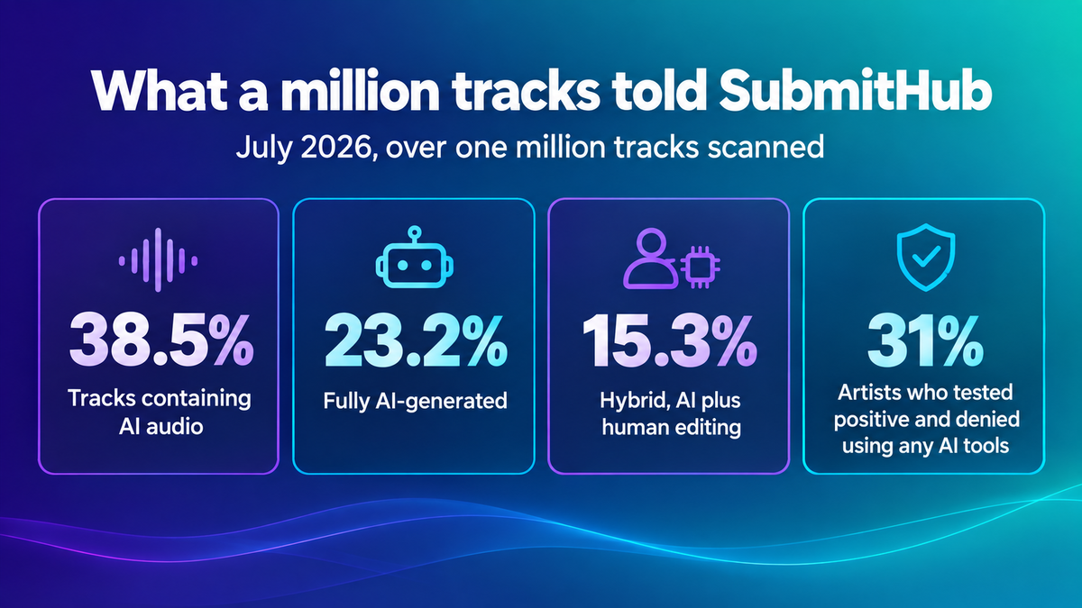 Four statistic tiles from SubmitHub's July 2026 scan of over one million tracks: 38.5 percent of tracks contained AI audio, 23.2 percent were fully AI-generated, 15.3 percent were hybrid with AI plus human editing, and 31 percent of artists whose tracks tested positive denied using any AI tools