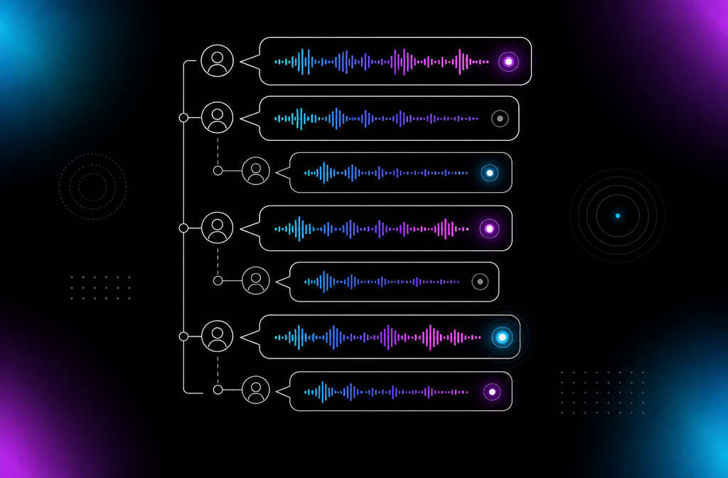 Forum thread layout silhouette showing community discussion threads with audio waveform icons.