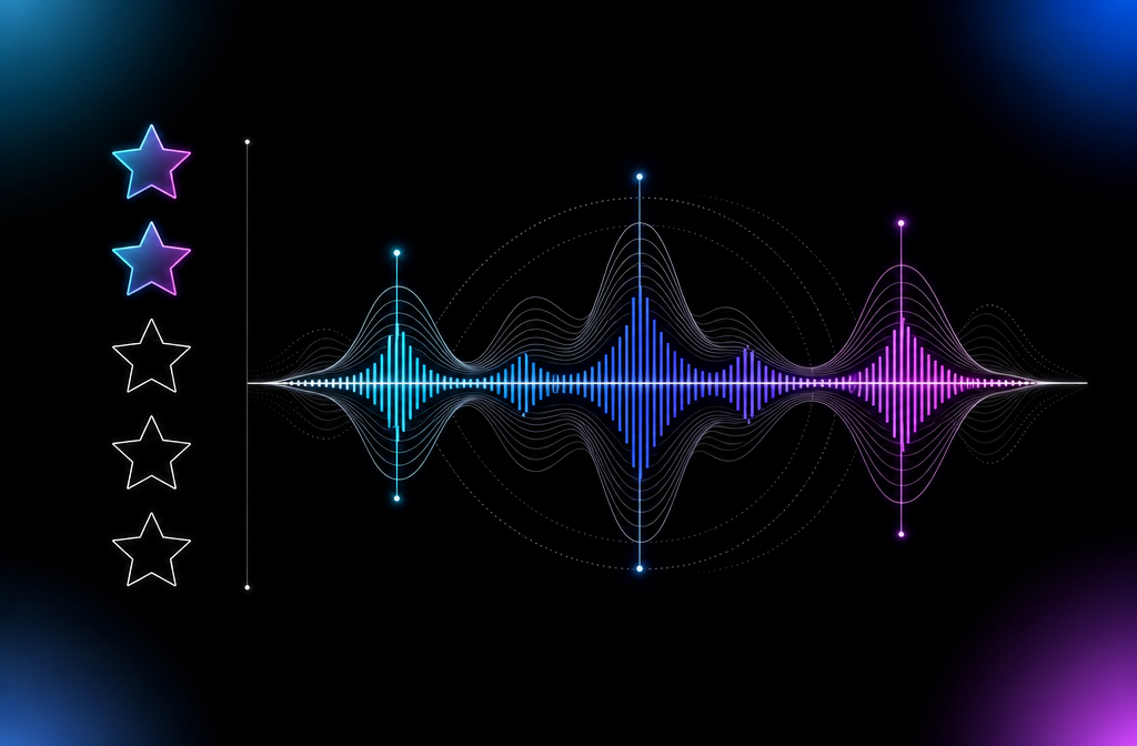 Review scorecard showing five-star rating and audio waveform indicating Suno AI editorial review summary.