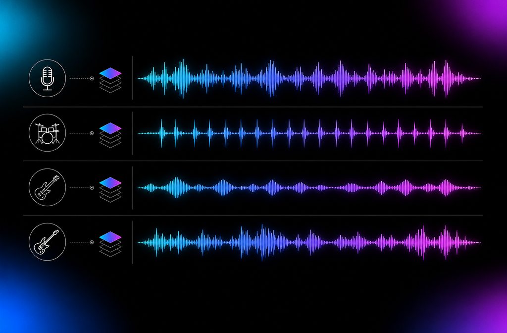 Vertical stack of four parallel waveform tracks representing vocal, drum, bass, and instrumental stems extracted from a Suno mix.
