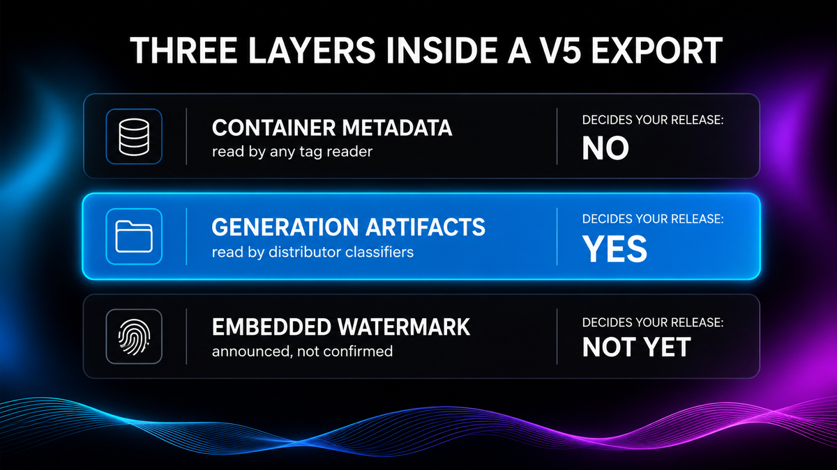 Three stacked layers inside a Suno v5 export: container metadata does not decide your release, generation artifacts do, and the embedded watermark does not yet