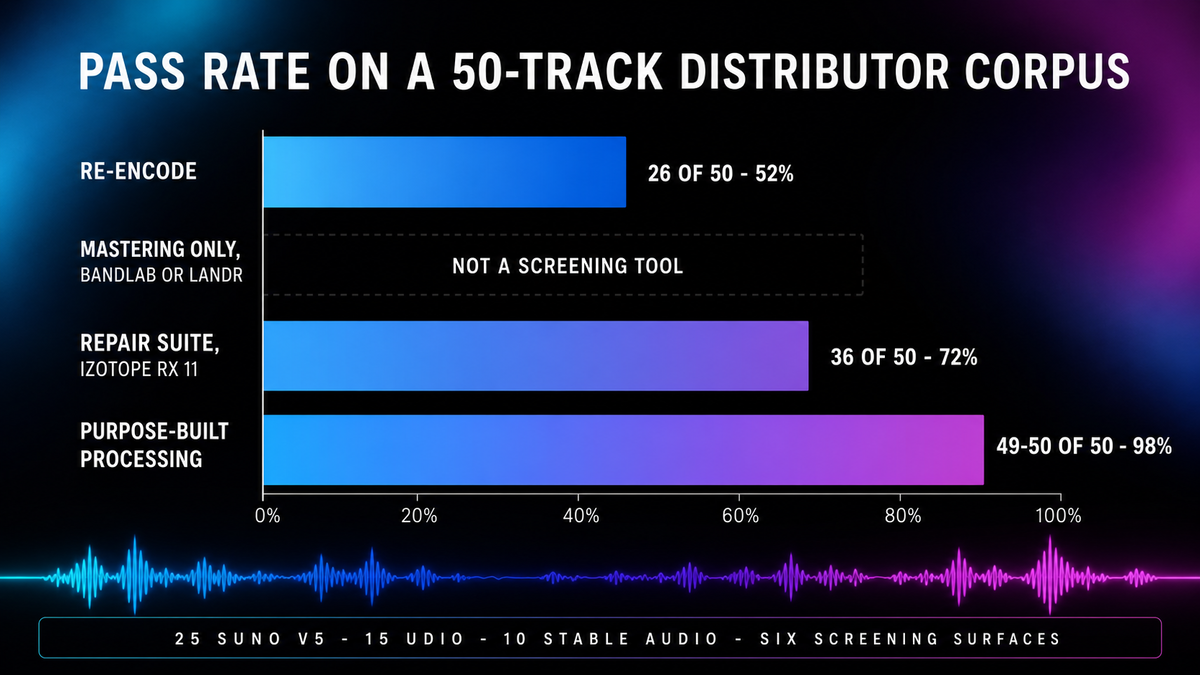 Bar chart of pass rates on a 50-track distributor corpus: re-encode 26 of 50, repair suite 36 of 50, purpose-built processing 49 to 50 of 50, mastering only is not a screening tool
