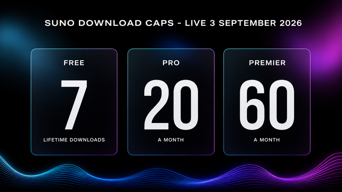 Three cards showing Suno download caps live from 3 September 2026: 7 lifetime downloads on Free, 20 a month on Pro and 60 a month on Premier
