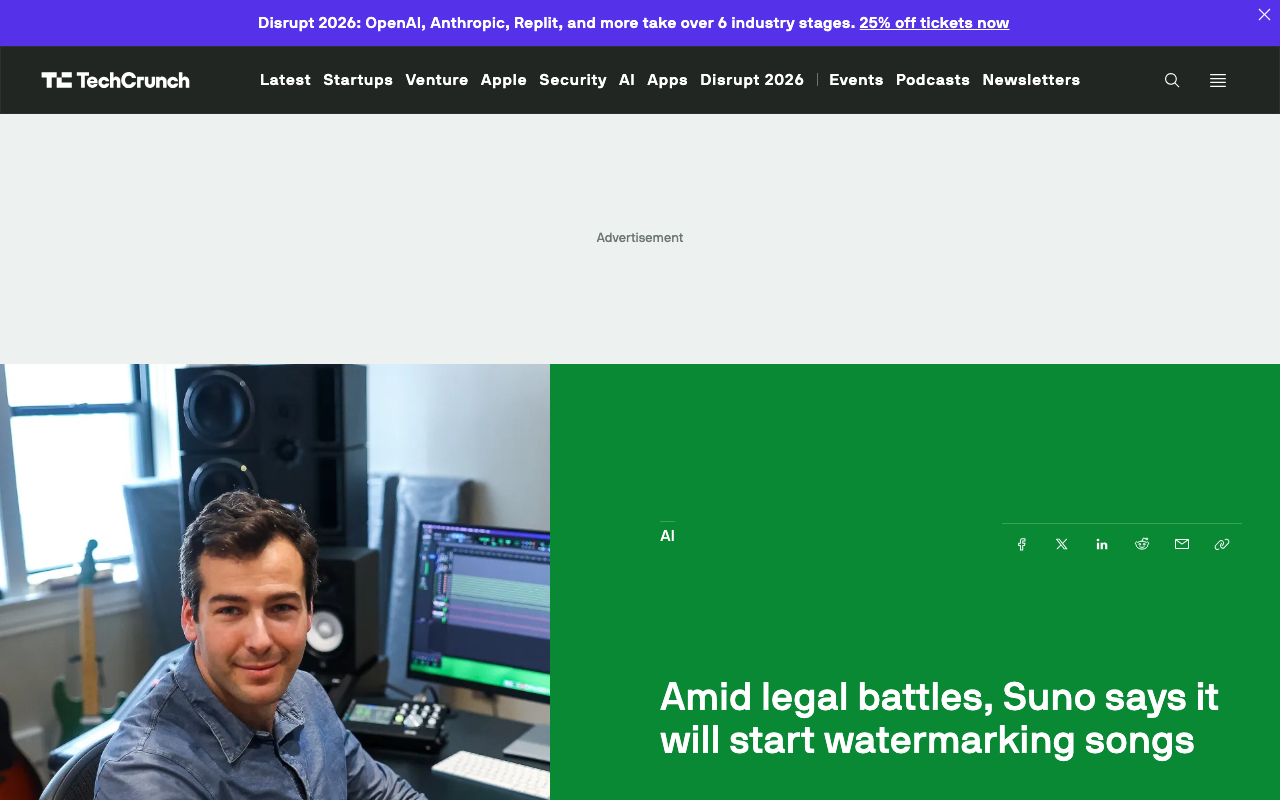 TechCrunch article dated 6 August 2026 headlined Amid legal battles, Suno says it will start watermarking songs