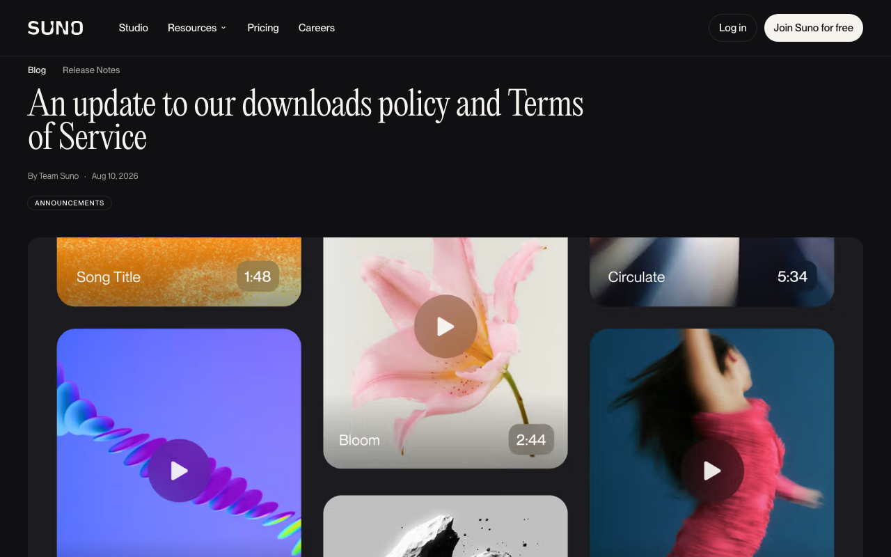 Suno blog post headlined An update to our downloads policy and Terms of Service