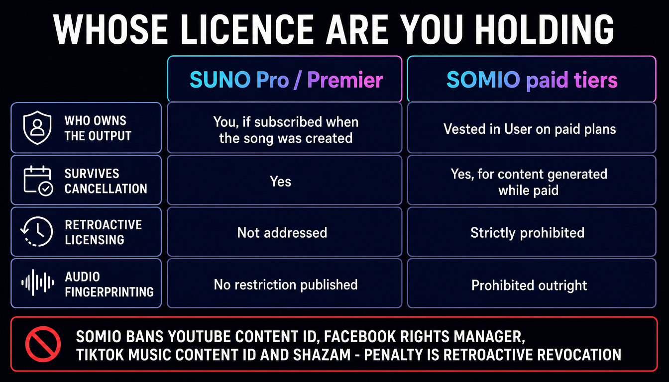 Comparison card headed Whose licence are you holding, with Suno Pro and Premier against Somio paid tiers: ownership of output vested in you if subscribed when the song was created against vested in user on paid plans, survival of cancellation yes against yes for content generated while paid, retroactive licensing not addressed against strictly prohibited, and audio fingerprinting no restriction published against prohibited outright, under a red footer reading Somio bans YouTube Content ID, Facebook Rights Manager, TikTok Music Content ID and Shazam, penalty is retroactive revocation
