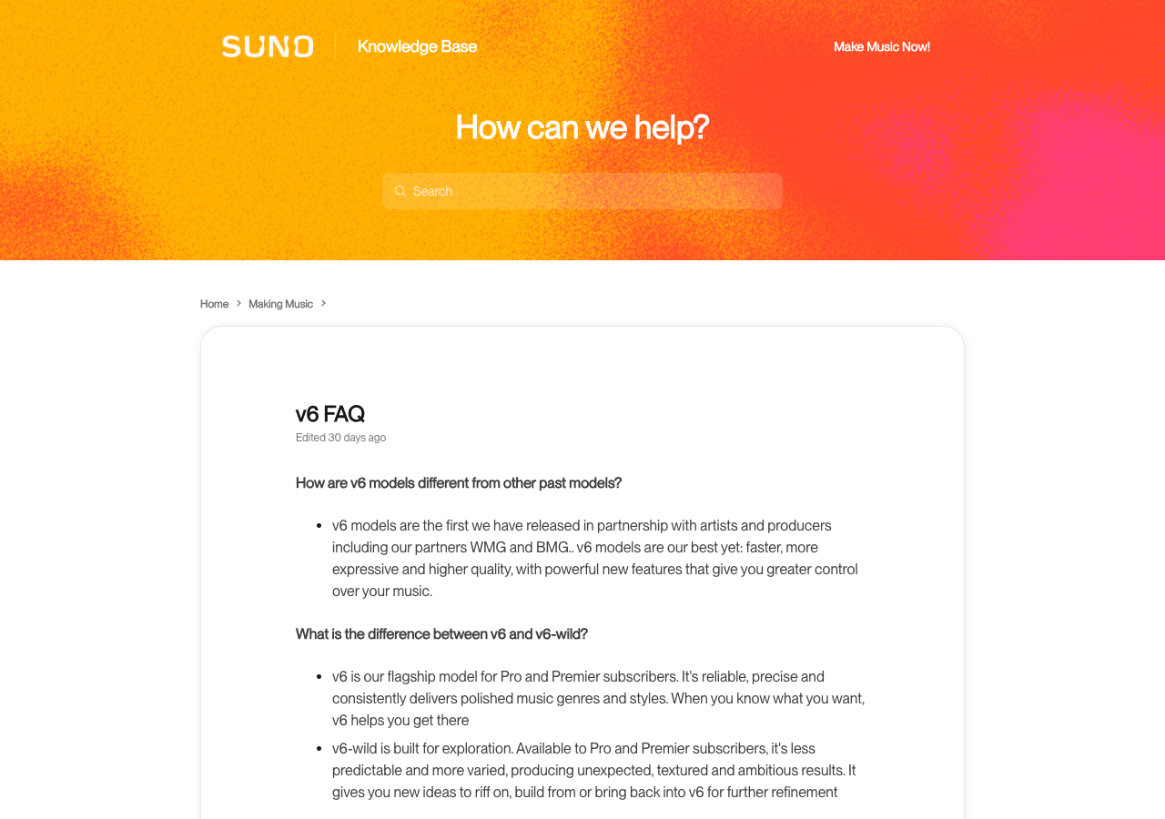 Screenshot of Suno's Knowledge Base v6 FAQ page, answering how v6 models differ from past models with the statement that they are the first released in partnership with artists and producers including partners WMG and BMG, and answering the difference between v6 and v6-wild by describing v6 as the flagship model for Pro and Premier subscribers and v6-wild as built for exploration and available to Pro and Premier subscribers