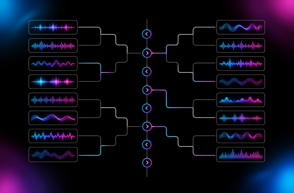 Head-to-head bracket diagram showing genre-by-genre comparison between Suno and Udio.
