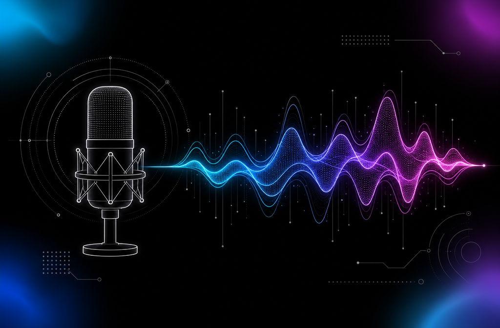 Microphone-and-vocal-waveform composition representing Udio's vocal-focused review profile.