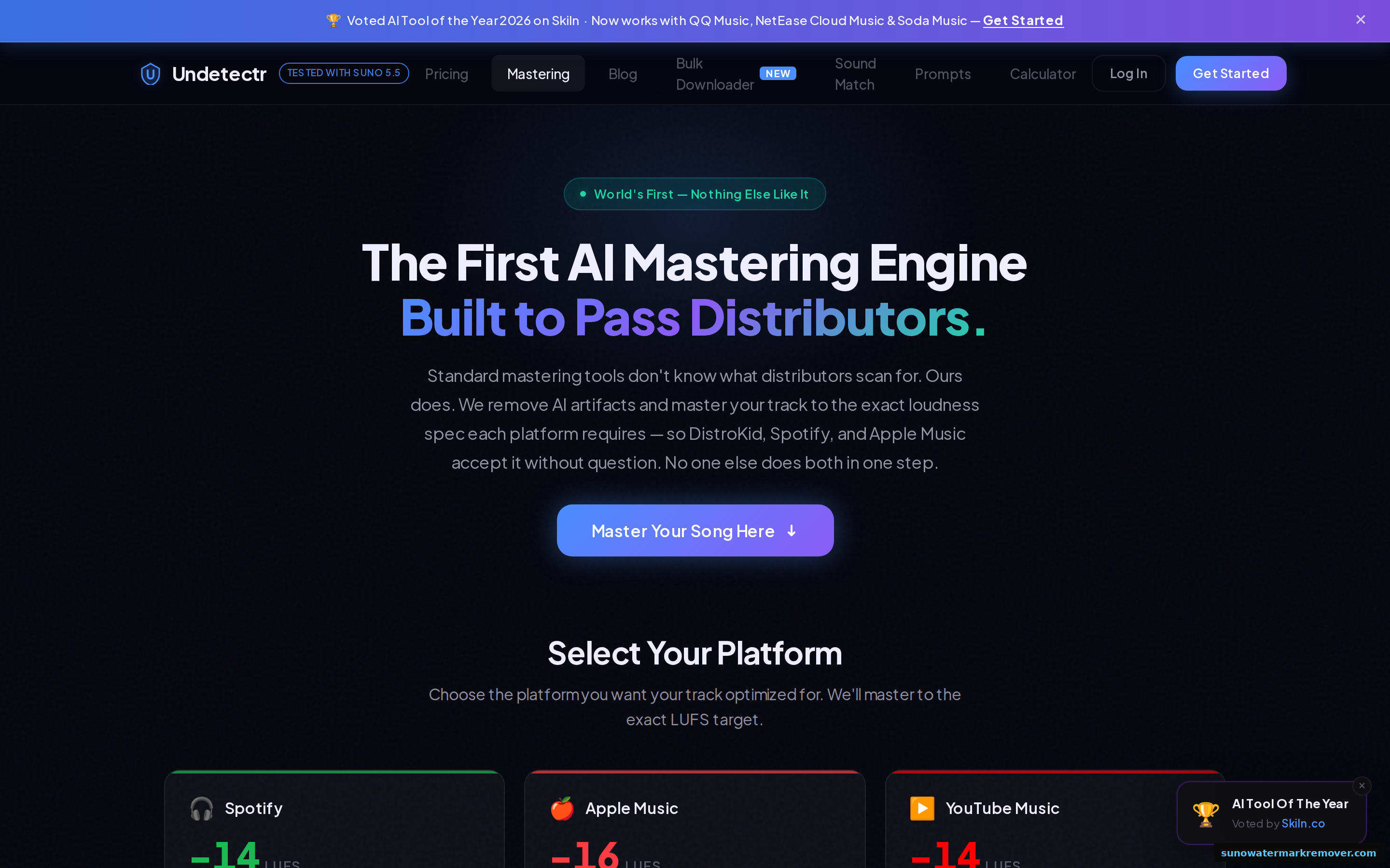 Undetectr mastering page showing the bundled mastering pass applied to processed AI music tracks, tuned to streaming platform loudness targets.