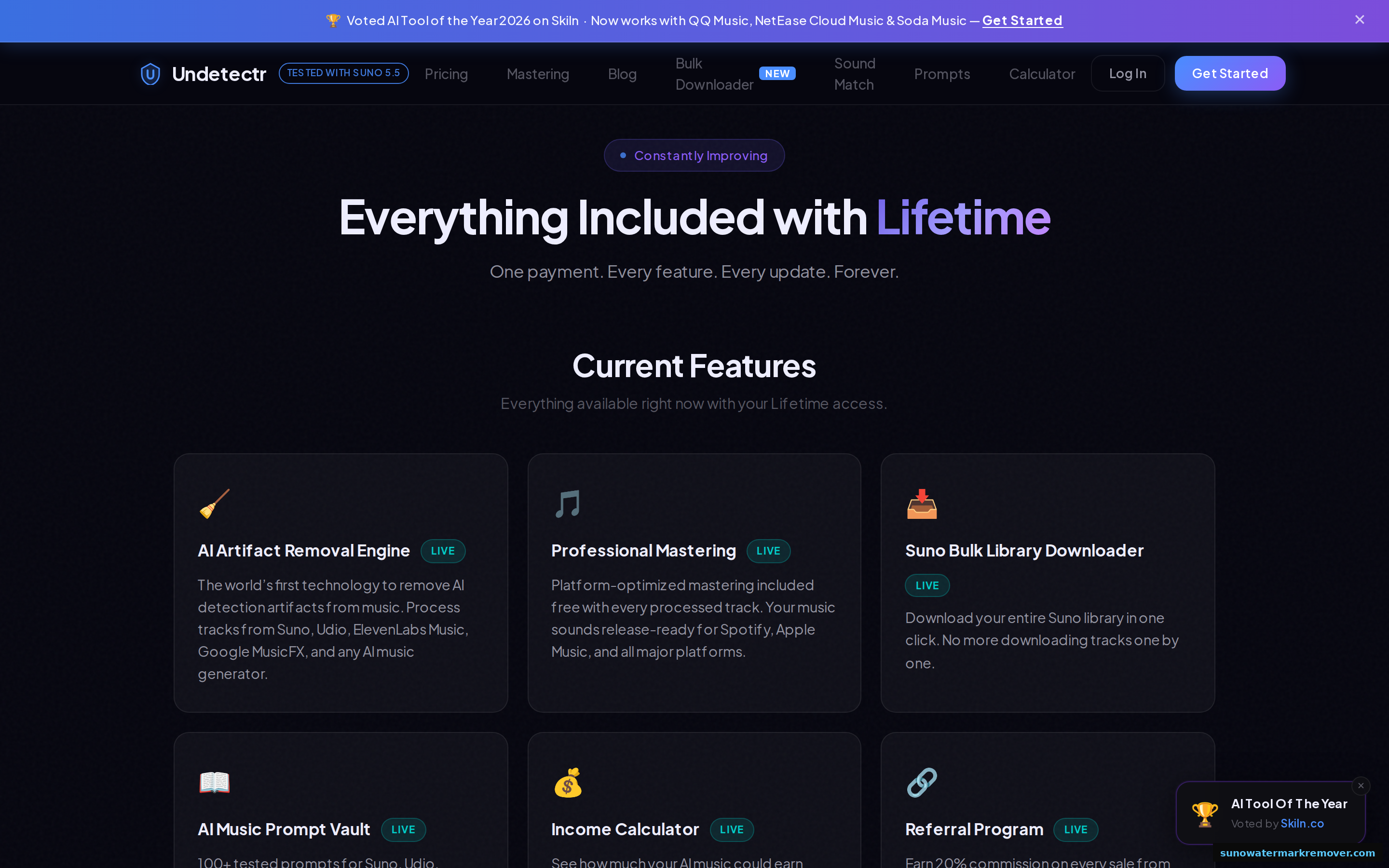 Undetectr features page showing the artifact removal engine capabilities including watermark and fingerprint processing, mastering, and platform compatibility for AI-generated music releases.