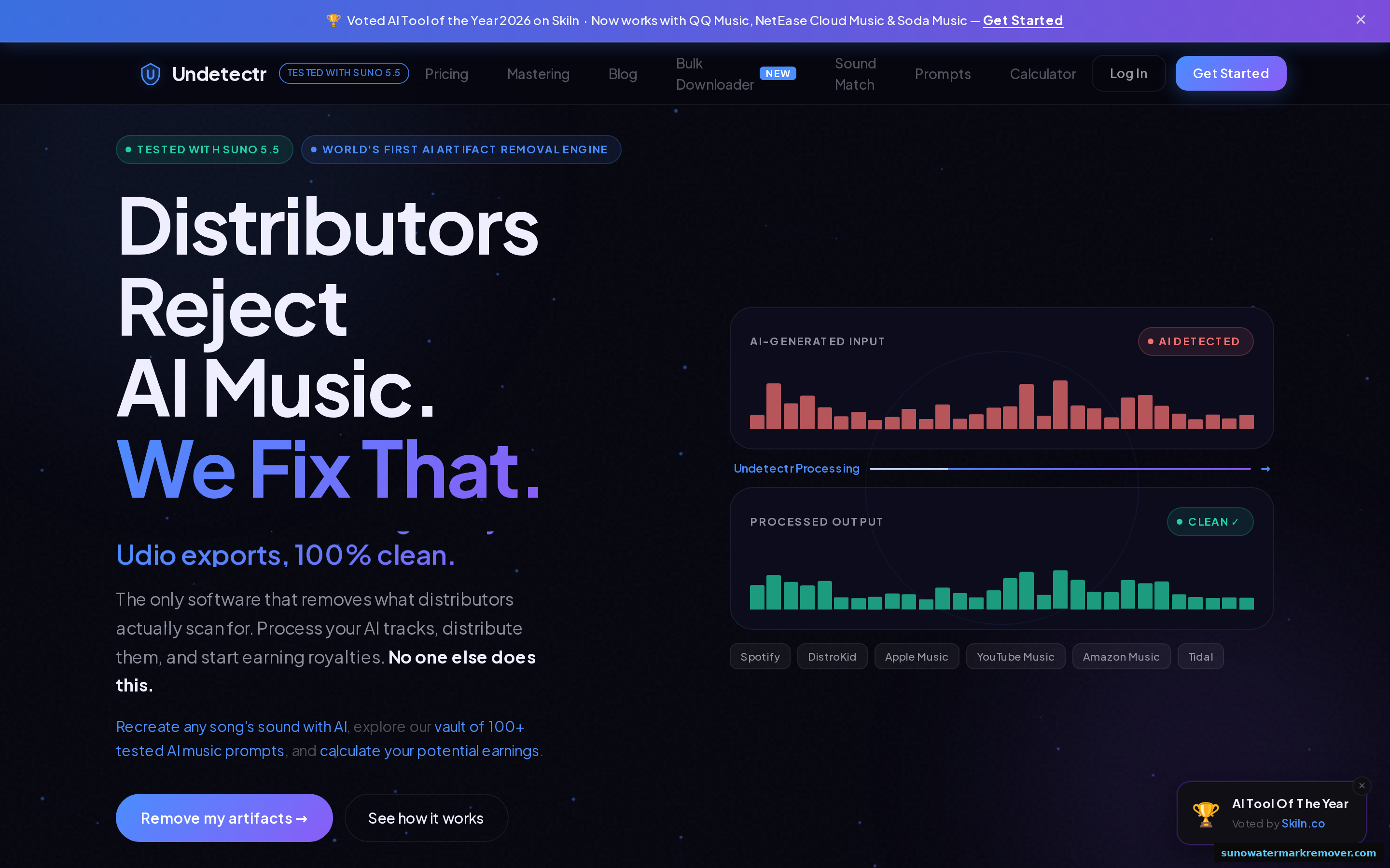 Undetectr homepage showing the World's First AI Artifact Removal Engine badge, before and after waveforms labelled AI detected and clean, and supported platforms including Spotify, DistroKid, Apple Music, YouTube Music, Amazon Music and Tidal.