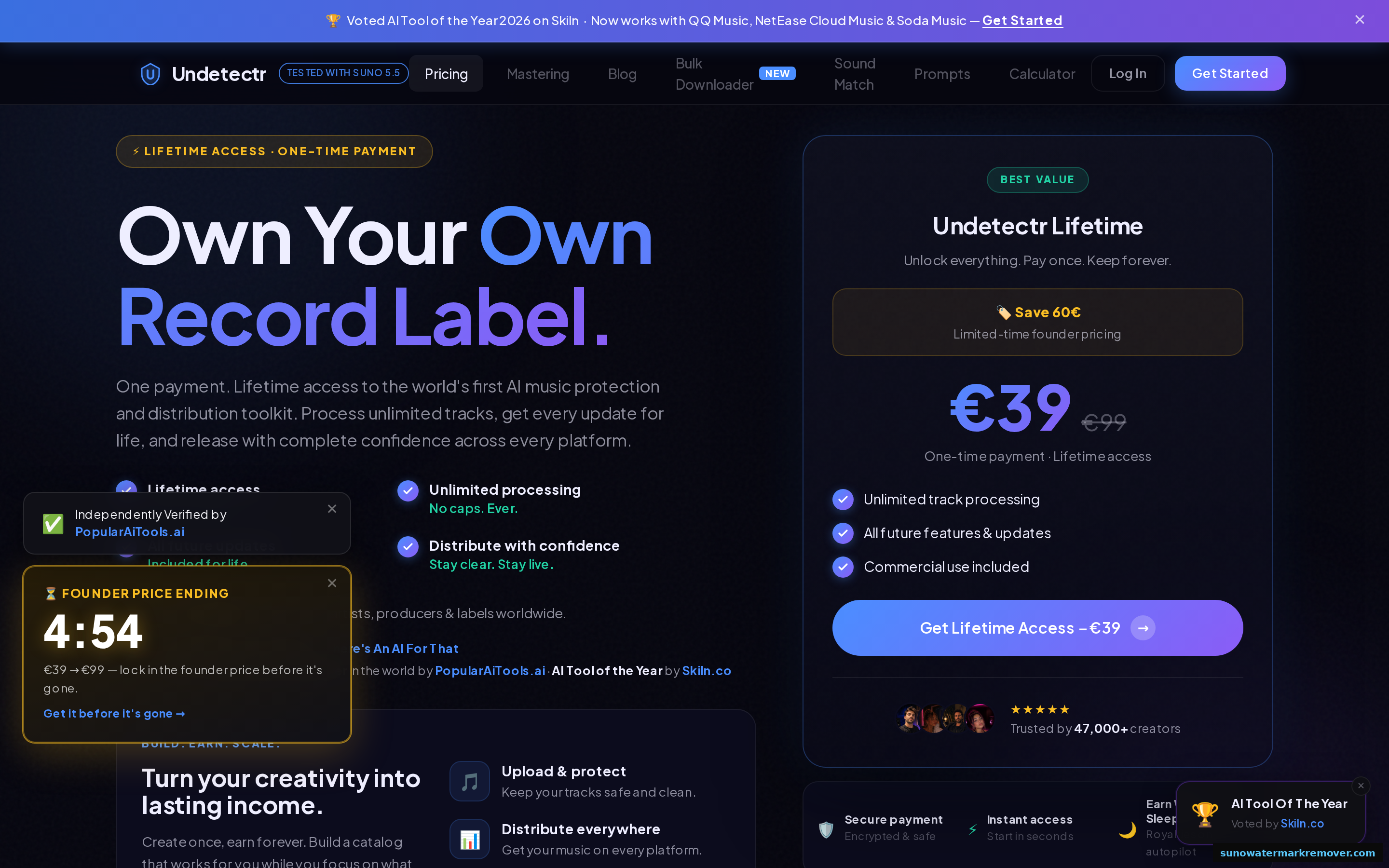 Undetectr pricing page showing the Lifetime plan at 39 euros reduced from 99 euros, with unlimited track processing, all future features and updates, and commercial use included.