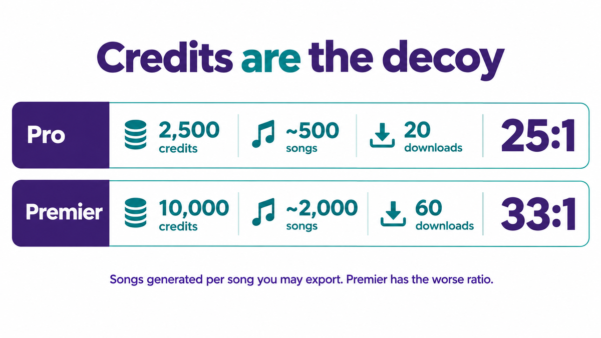 Comparison showing Pro with 2,500 credits, about 500 songs and 20 downloads for a 25 to 1 ratio, against Premier with 10,000 credits, about 2,000 songs and 60 downloads for a 33 to 1 ratio