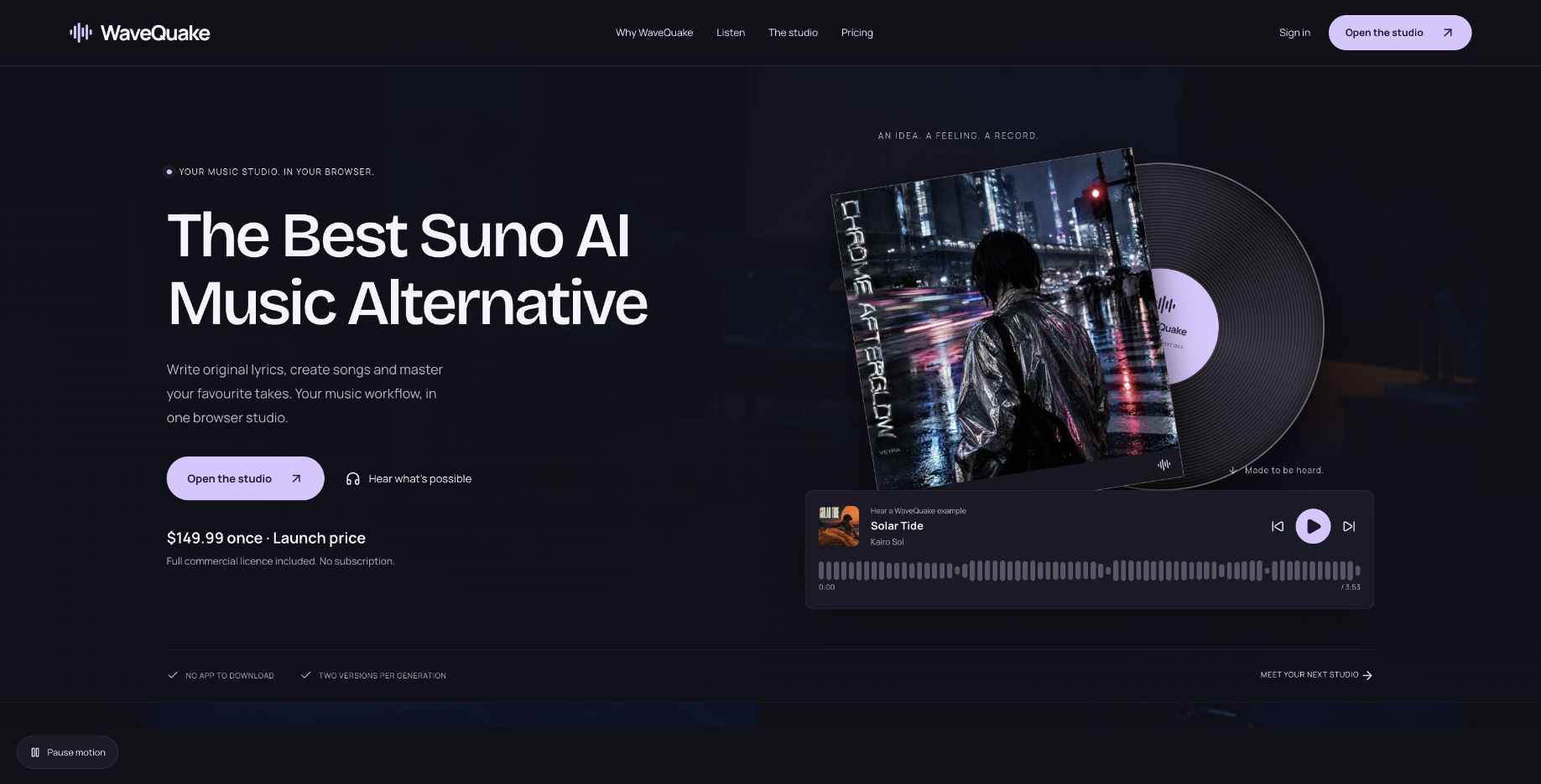 WaveQuake homepage advertising a browser studio and one-time launch purchase