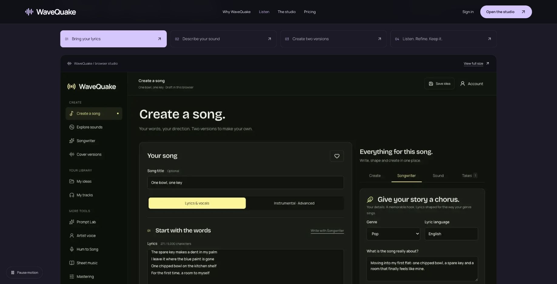 WaveQuake public studio tour with songwriting controls